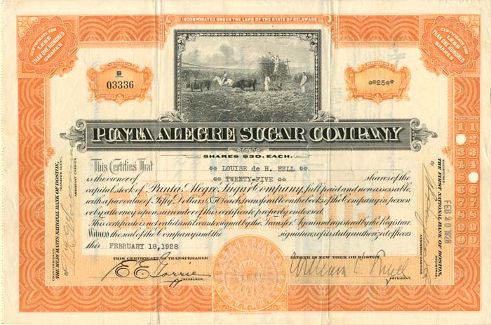 Punta Alegre Sugar Co. - 1928 dated Cuba Stock Certificate
